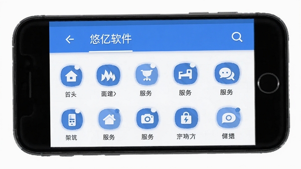 悠亿软件首页功能入口界面展示,清爽简洁的手机应用界面,多个生活服务图标整齐排列,蓝白配色,扁平化设计风格