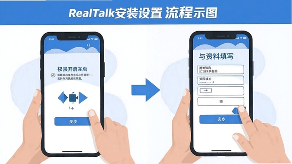 RealTalk安装设置流程示意图,手机界面分步展示权限开启与资料填写,扁平插画风格,蓝白配色