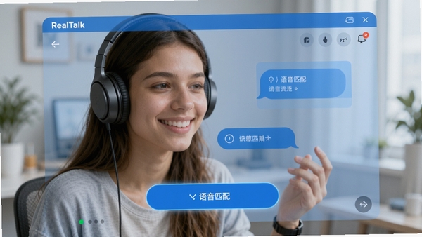 RealTalk软件语音速配界面展示,年轻用户戴着耳机微笑聊天,界面清爽,科技感蓝色调,突出语音匹配按钮