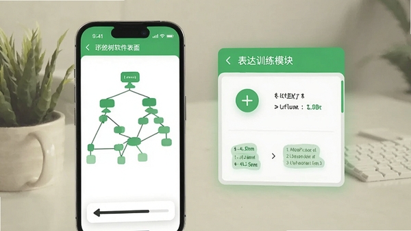 一棵树逻辑表达软件界面展示,手机屏幕中呈现逻辑树状图与表达训练模块,清新绿色主题,现代简约风格