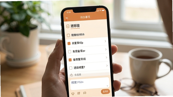 矩易软件待办事项与速记界面,手机屏幕显示清单列表与输入框,暖色调简约设计,生活化场景