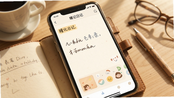 瞳记日记手机端快速记录界面,简洁书写页面,心情表情选择栏,温馨日记本风格