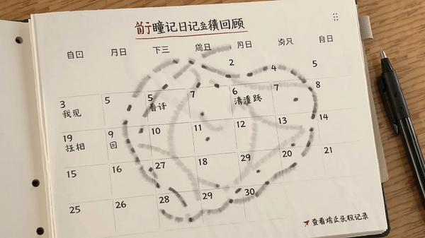 瞳记日记日历回顾页面,月历视图标注有日记的日期,点击查看当日记录