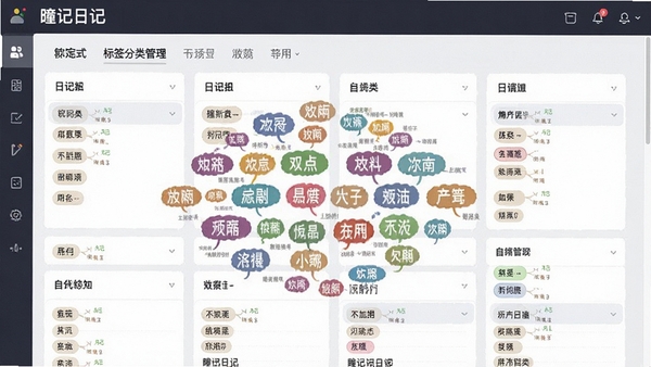 瞳记日记标签分类管理界面,自定义标签云展示,日记按标签归类排列