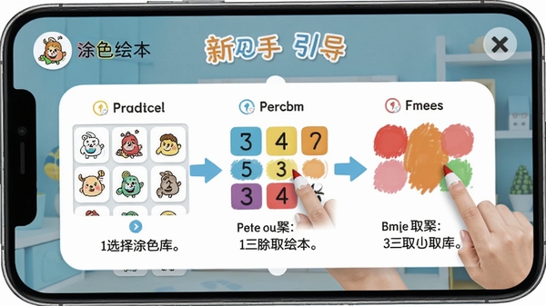 数字涂色绘本新手操作引导界面,手机屏幕显示分步教学弹窗,第一步选择图库、第二步点击数字色块、第三步选取颜色填充,界面配有箭头指引与文字说明,整体风格清新简洁,突出数字涂色绘本LOGO与新手引导字样