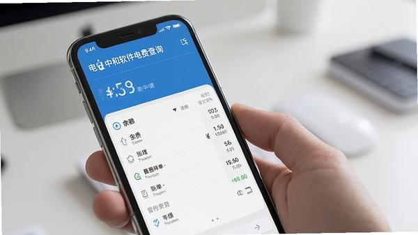 电中和软件电费查询界面展示,手机屏幕显示电费余额与账单明细,简洁蓝色调设计