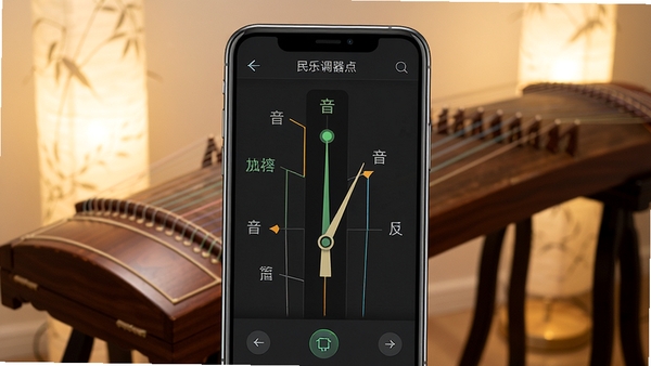 古筝民乐调音器软件界面展示,手机屏幕显示古筝琴弦调音刻度与音名指针,背景为雅致木质古筝与柔和灯光,突出专业调音工具氛围