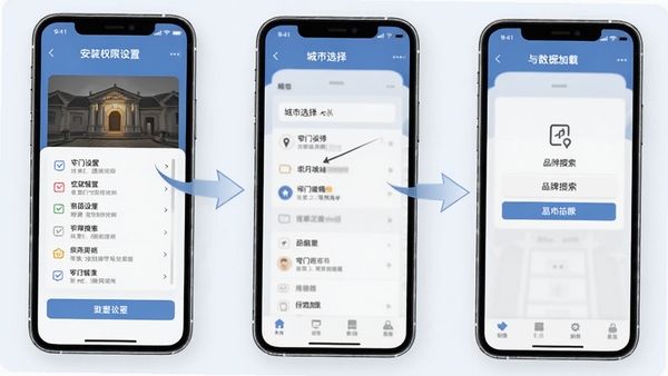 窄门餐眼手机端数据查询操作步骤示意图,展示安装权限设置、城市选择、品牌搜索与数据加载界面,画面清晰直观,适合新手教程配图