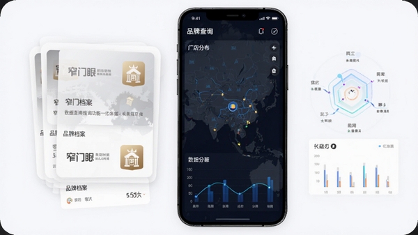 窄门餐眼品牌数据查询功能界面示意图,手机展示品牌档案卡片与门店分布地图,画面带有数据图表与餐饮品牌标识,科技感与商务感结合