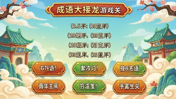 成语大接龙游戏闯关界面,屏幕上显示经典成语接龙题目与多个候选答案按钮,卡通国风背景,明亮活泼的色彩搭配
