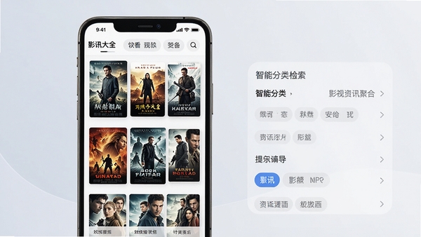 影讯大全快看软件界面展示智能分类检索与影视资讯聚合功能,手机屏幕中呈现清晰的影片海报墙与筛选标签,现代简洁的UI设计风格
