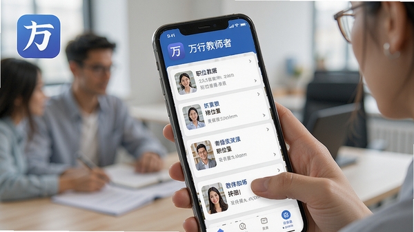万行教师手机应用界面展示,教师求职者正在浏览职位列表,画面包含软件logo和职位卡片信息