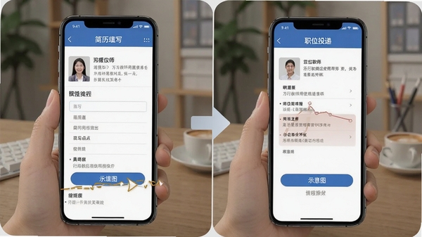 万行教师应用使用教程示意图,手机屏幕展示简历填写页面和职位投递操作步骤