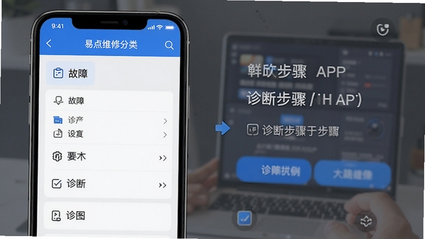 易点维修APP故障排查界面展示,手机屏幕显示故障分类列表与诊断步骤引导,简洁蓝色调UI设计