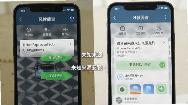 风候简查安卓手机安装权限设置示意图,展示定位权限开启与未知来源安装允许操作步骤