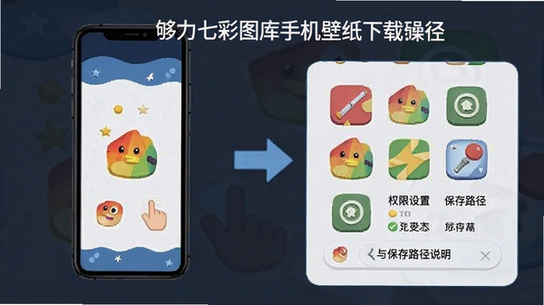 够力七彩图库手机端壁纸下载操作步骤示意图,权限设置与保存路径说明
