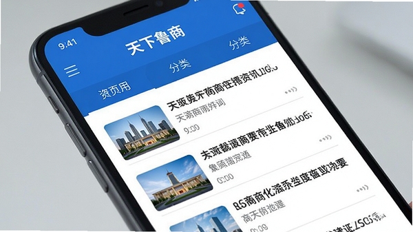 天下鲁商应用首页资讯浏览界面,展示商业新闻列表与分类导航,现代简约风格,蓝色主色调,手机屏幕特写