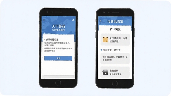 天下鲁商应用使用教程示意图,手机屏幕展示安装权限设置与资讯浏览步骤,简洁扁平化风格