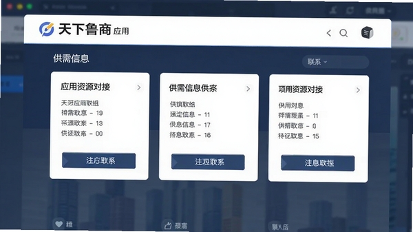 天下鲁商应用资源对接页面,展示供需信息卡片与联系按钮,商务风格,简洁界面设计