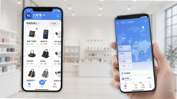 云智售手机APP首页界面展示,智能门店管理软件,商品列表与销售数据看板,简洁清新风格