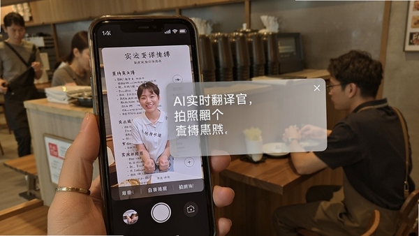 AI实时翻译官拍照翻译功能演示,手机对准外文菜单识别翻译,译文浮层显示,生活化场景