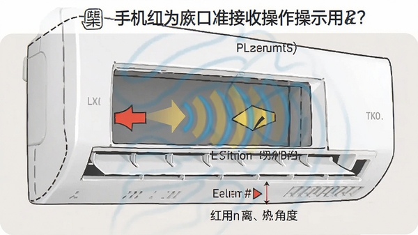 手机红外口对准空调接收窗的操作示意图,标注正确距离与角度,画面带有方向箭头和信号波纹示意,实用教程风格