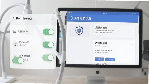 觅思隐私设置与个人资料页面示意图,展示权限开关与资料编辑界面,风格简洁安全