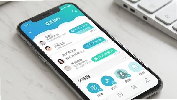 觅思软件主界面展示,手机屏幕上呈现聊天列表与兴趣圈子入口,界面简洁清新,蓝绿色调,现代社交应用风格