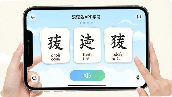 ���ﵺAPPѧϰ���棬չʾ���ֿ�Ƭ��ƴ����ע�뷢����ť�����������죬ͻ������ѧϰ��Χ