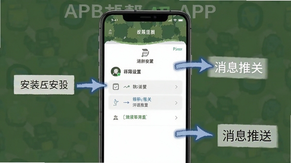 战友帮APP使用教程示意图,手机屏幕展示安装权限设置与消息推送开关界面,配有箭头指引与文字标注,风格简洁明了