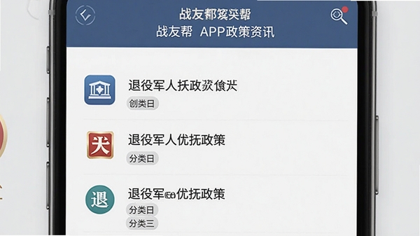 战友帮APP政策资讯页面,手机屏幕展示退役军人优抚政策列表,配以资讯图标与分类标签,整体风格庄重清晰