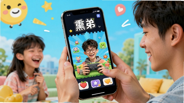 熏弟软件界面展示,手机屏幕上呈现趣味互动小游戏画面,年轻用户正在操作,背景明亮活泼,突出软件名称熏弟