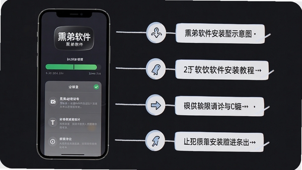 熏弟软件安装教程示意图,手机屏幕显示安装进度条和权限设置页面,旁边有步骤标注,突出熏弟软件名称,风格简洁明了