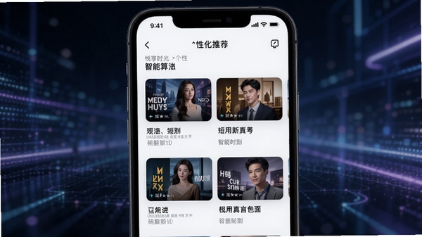 悦享时光APP个性化推荐页面,展示智能算法推荐短剧列表,手机界面简洁美观,科技感背景