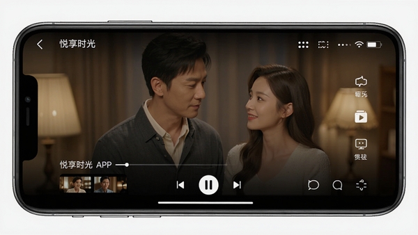 悦享时光APP播放界面截图,展示高清短剧播放画面与清晰的操作菜单,手机横屏模式