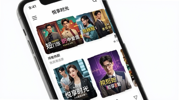 悦享时光APP首页短剧推荐流界面,手机屏幕展示多部热门短剧封面,色彩鲜艳,现代简约风格