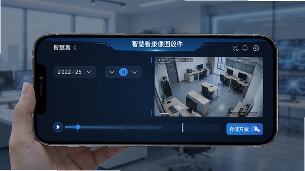 智慧看录像回放功能界面生图,手机屏幕显示时间轴检索界面与监控画面回放,画面中有日期选择器和存储方案切换按钮,科技感蓝色调,突出智慧看软件名称