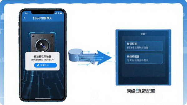 智慧看软件设备绑定操作流程示意图,手机界面展示扫码添加摄像头步骤,包含权限允许弹窗与网络配置页面,清晰直观,蓝色科技风格