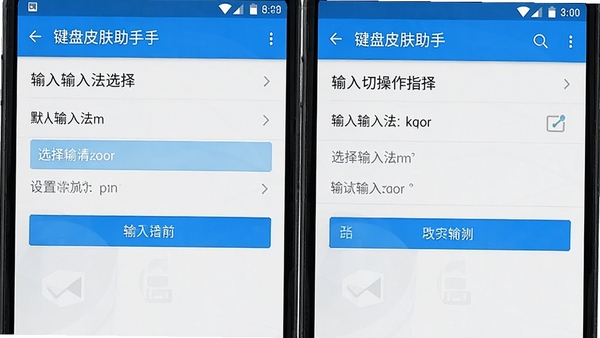 键盘皮肤助手权限设置与输入法切换操作指引截图,安卓手机设置界面展示默认输入法选择步骤