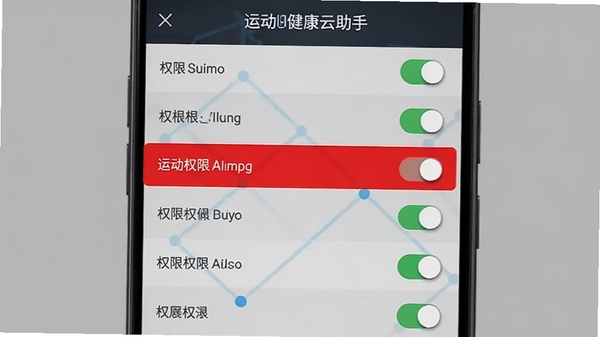 运动健康云助手安装权限设置界面示意,安卓权限开关列表,红色标注运动权限,AI生图