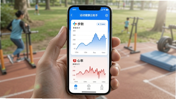 运动健康云助手手机端运动数据趋势页面展示,简洁蓝色界面,步数与心率图表,AI生图风格