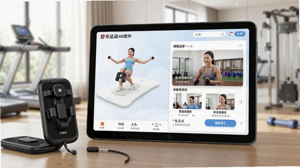 舒华运动HD软件界面展示智能健身设备连接与课程选择页面