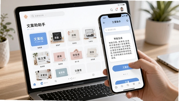 文案助手软件界面中展示多种文案模板分类,手机屏幕上呈现智能生成文案的过程,清新简洁的UI风格,突出文案助手品牌名称