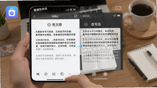 文案助手文本改写功能界面,显示原文与改写后内容左右对比,手机操作场景,突出文案助手软件标识