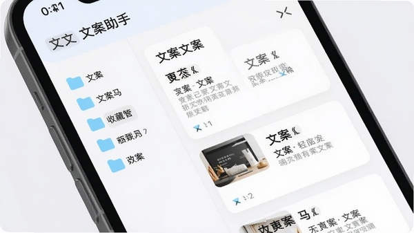 文案助手素材收藏管理界面,展示多个分类文件夹与文案卡片列表,手机屏幕特写,界面清爽,带文案助手名称