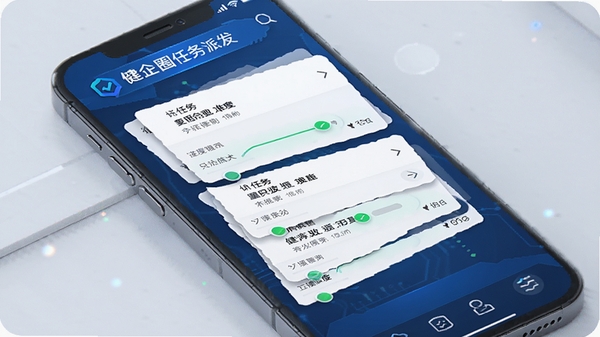 健企圈手机端任务派发界面,蓝色科技风格,展示任务卡片列表与进度标记,画面简洁清晰