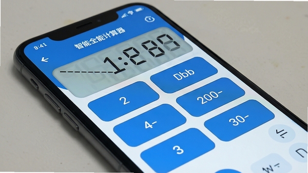 智能全能计算器科学计算模式界面展示,手机屏幕显示三角函数与对数运算按钮,简洁蓝色主题风格
