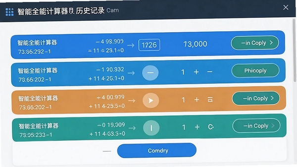 智能全能计算器历史记录页面,展示多条计算记录与一键复制按钮,界面清爽直观