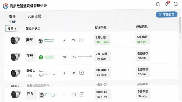 ��������ͨ�豸�����б����棬չʾ����ͷ����״̬��洢��Ϣ�����������