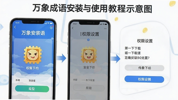 万象成语安装与使用教程示意图,展示手机安装界面与权限设置步骤,突出安全下载与正确安装流程